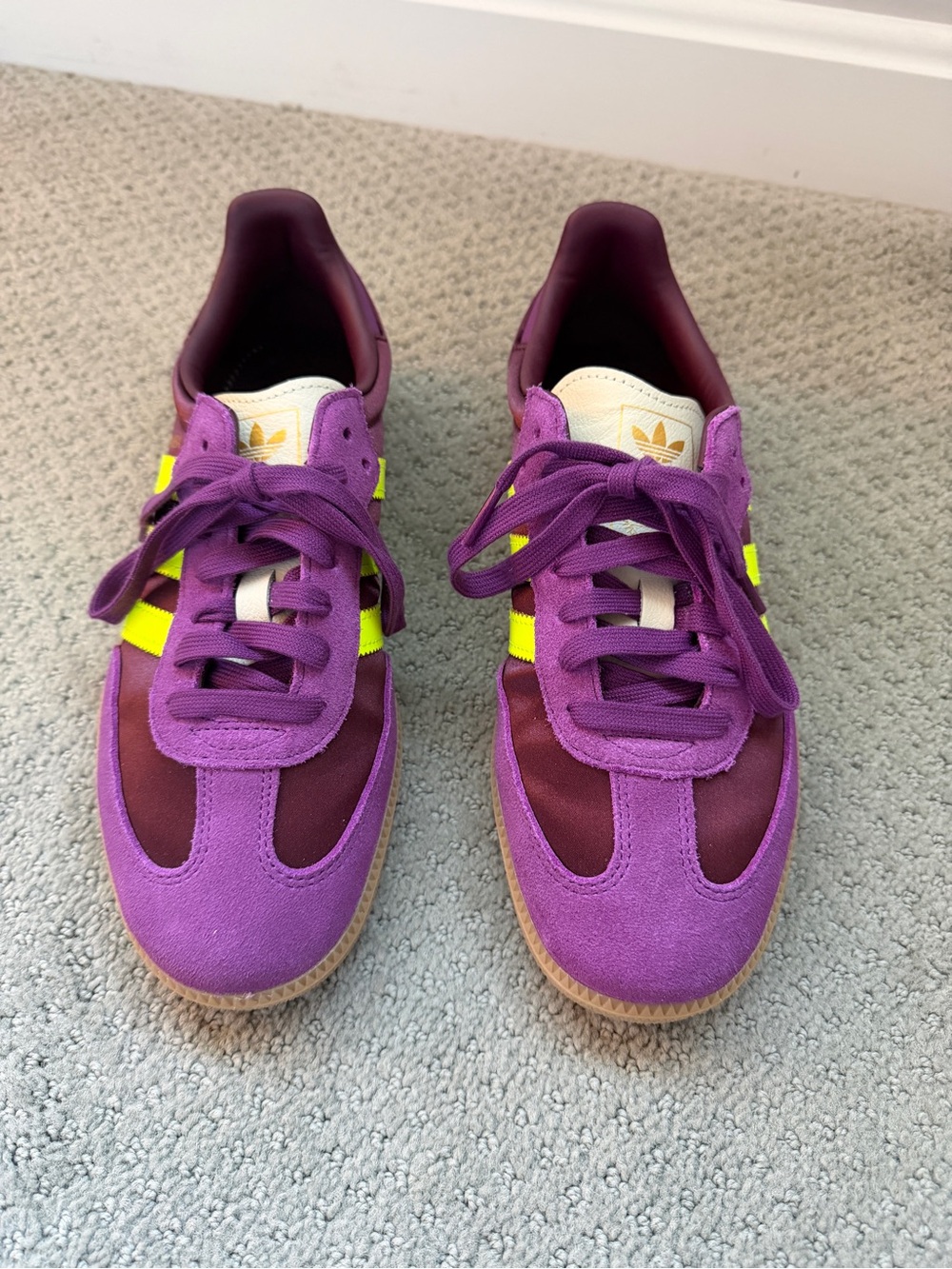 adidas Women’s Purple Sneakers with Lime Stripes - Size 9